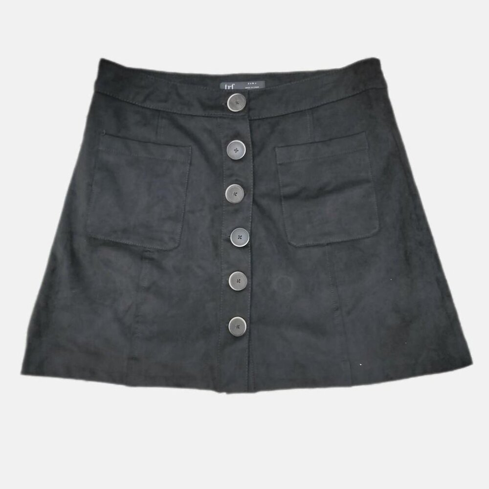 Zara TRF Faux Suede Black Mini Skirt 26 S Academia Preppy Casual Classic